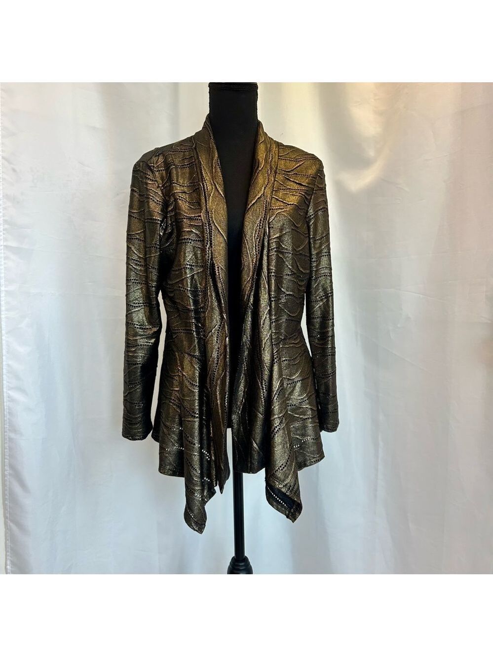 FRANK Lyman gold bronze metallic asymmetrical open front jacket Sz 12 NWOT - Picture 10 of 10